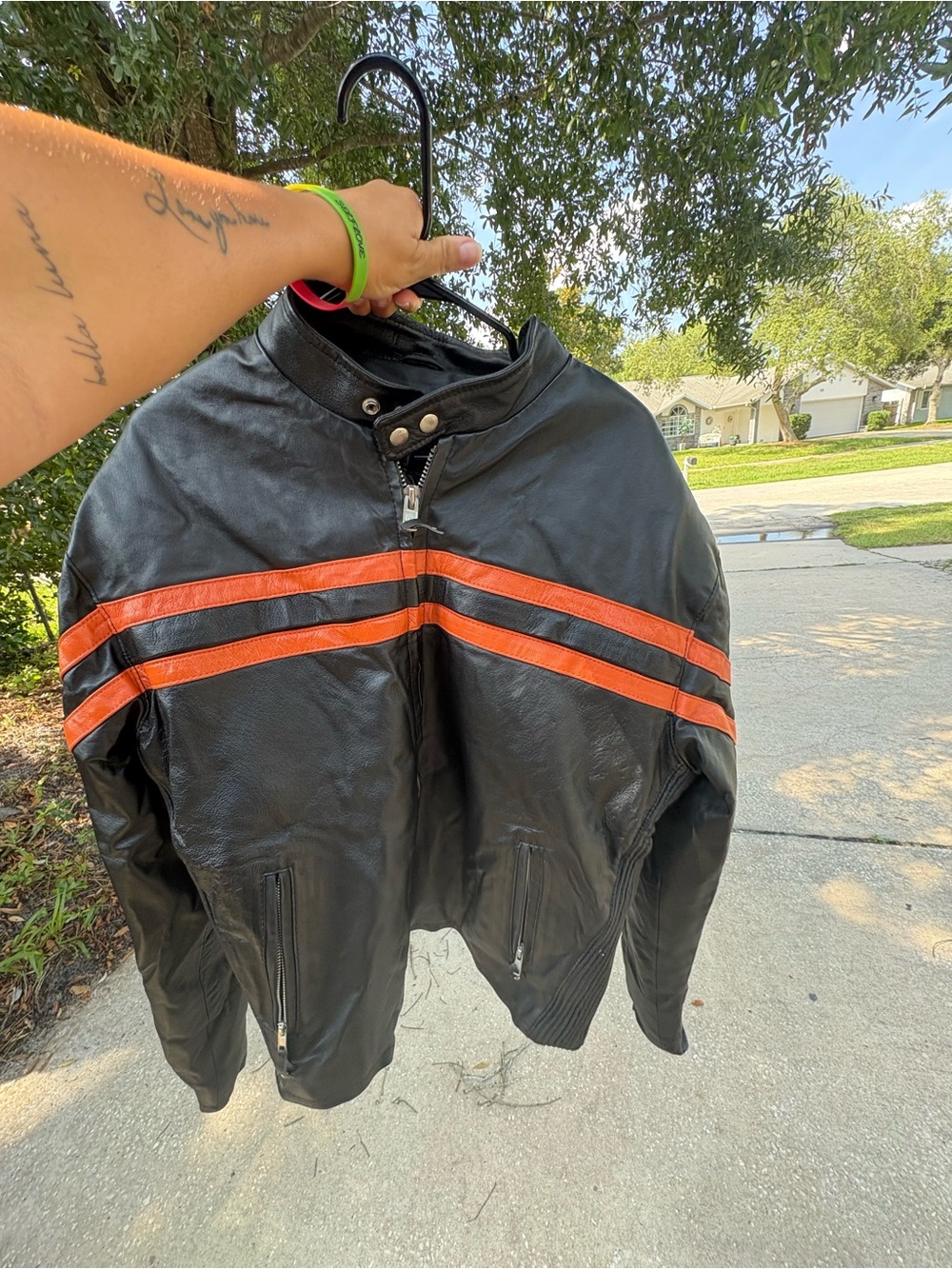 PARAGON Black Leather Bomber Jacket with Orange Stripes